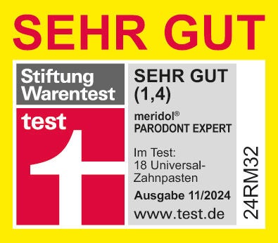 Sehr gut Stiftung Warentest test sehr gut (1,4) meridol® Parodont Expert im Test 16 Universal-Zahnpasten Ausgabe 11/2023. 