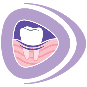 Ein medizinisches Symbol eines Zahns im Zahnfleisch mit violetten Wellenlinien zur Darstellung von Schutz oder Behandlung vor einem lila Hintergrund.